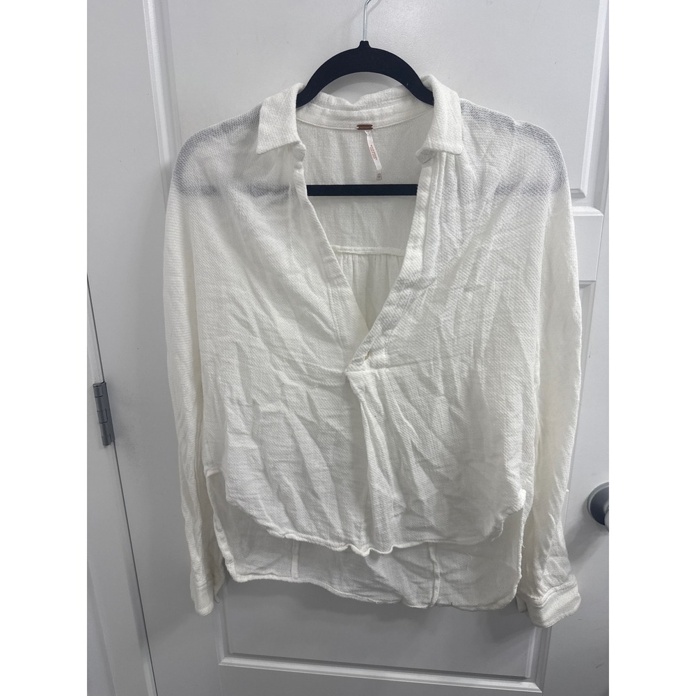 Free People White Gauze Button Down Shirt Long Sleeve Boho‎ V-Neck Top XS